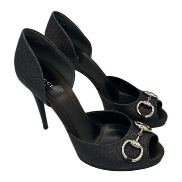 GUCCI Black Glitter Stardust Nappa Charlotte Nero Open Toe Pumps Size 38/ US 8 - Picture 1 of 12